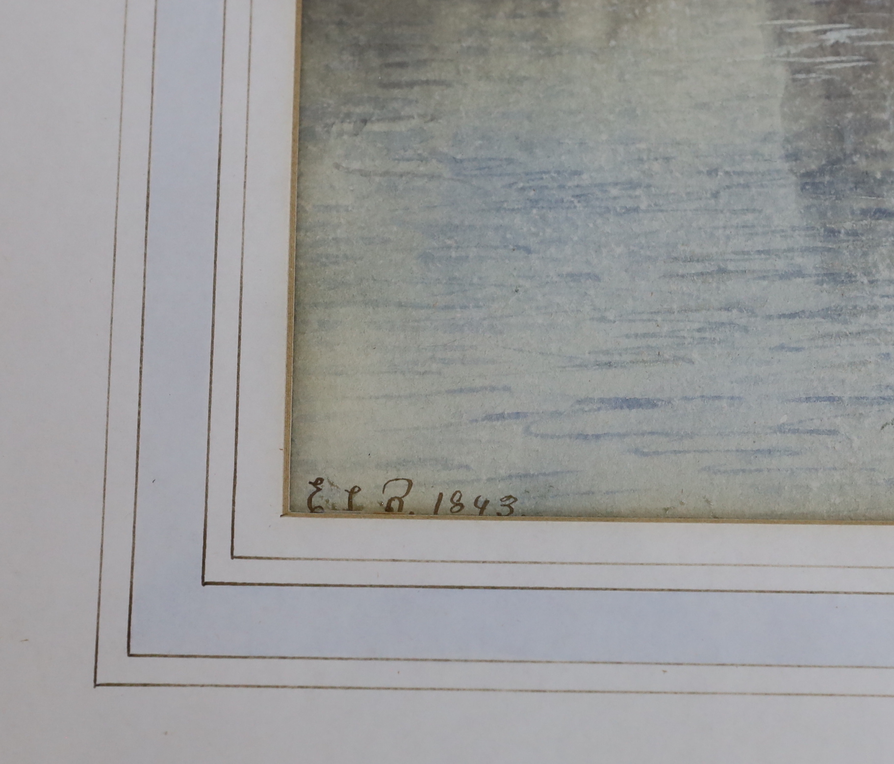E.L. Raymond (British, mid 19th century), watercolour, Alpine mountainous lake scene, signed, monogrammed and dated 1843, 28.5 x 25cm